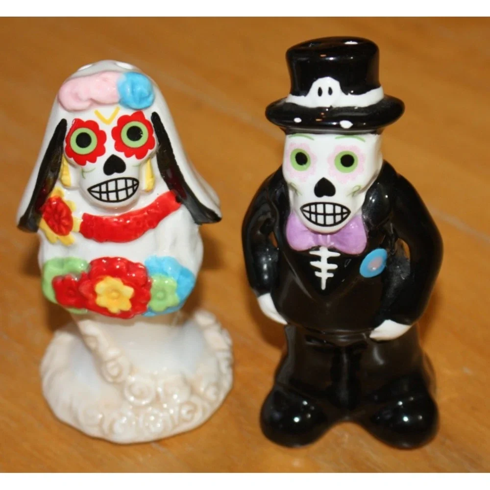Day Of The Dead Bride Groom Salt Pepper Shaker Set Sugar Skull De Los Muertos